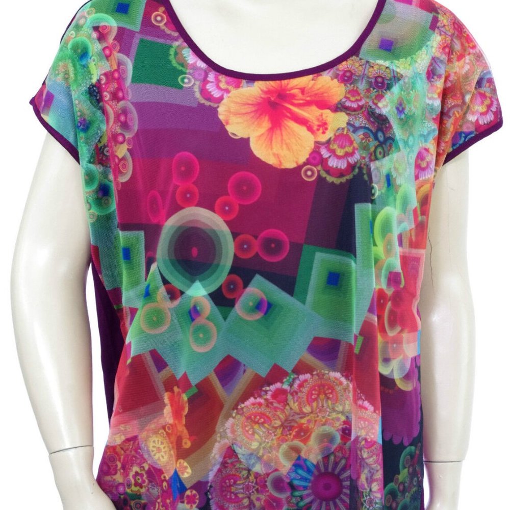 Desigual Kaleidoscope Floral Top with Mesh Overlay Small EUC
